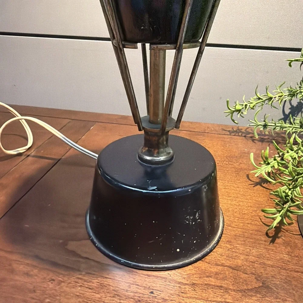 Vtg MCM Atomic Space Age Black Gold Metal Cone Uplight Small Table Light Lamp